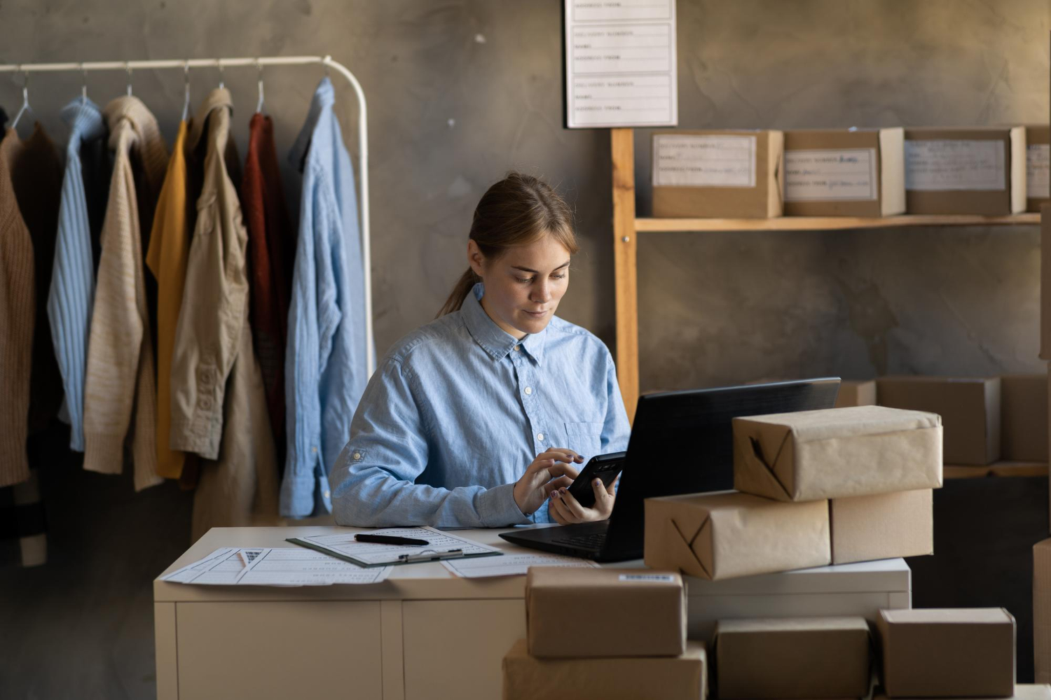 Empreendedora organizando pedidos de uma loja virtual