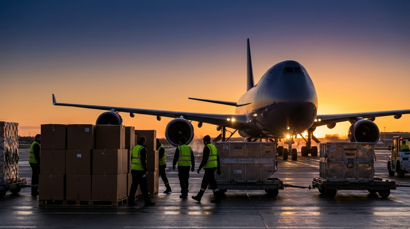 Aeronave cargueira sendo preparada para transporte internacional
